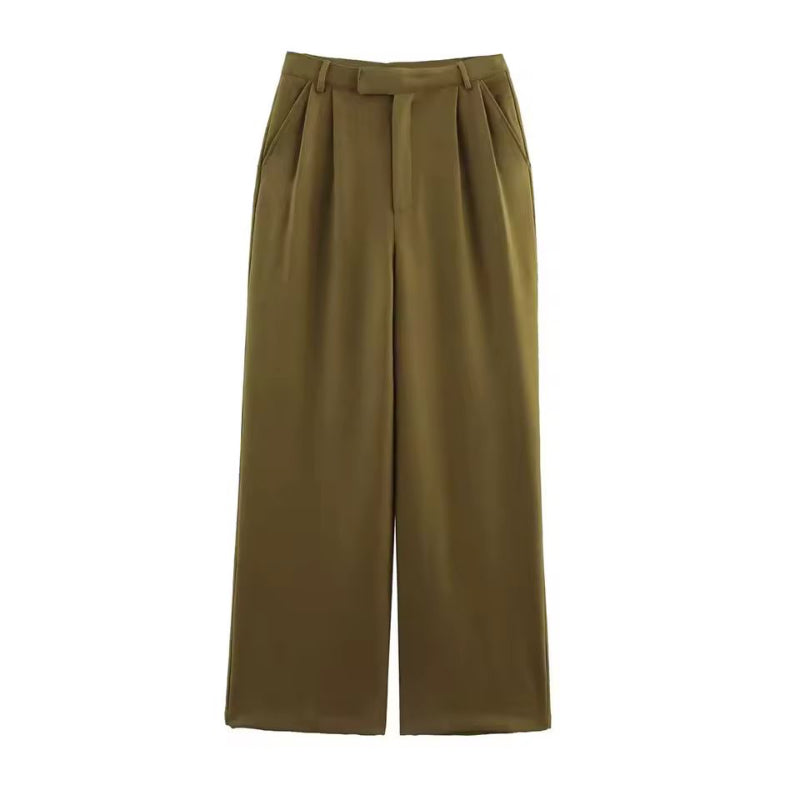 Arden pants set women – khaki green bomber jacket with pockets and wide-leg trousers front view