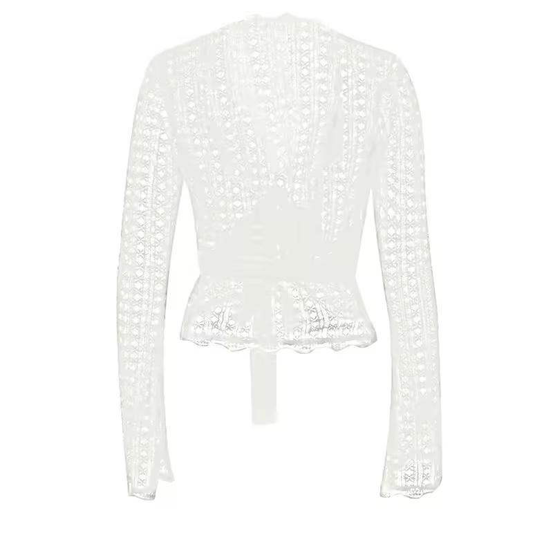 Elegant white lace wrap top with V-neckline and long sleeves for women