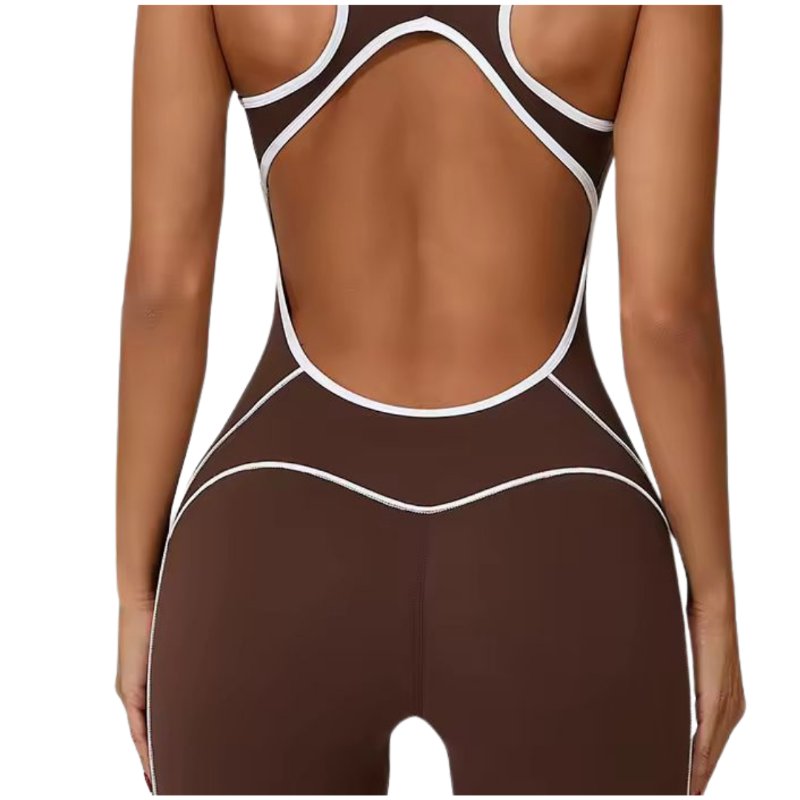 Back view of brown MIKA workout romper – glute-lift seams, open back design, contour activewear for gym