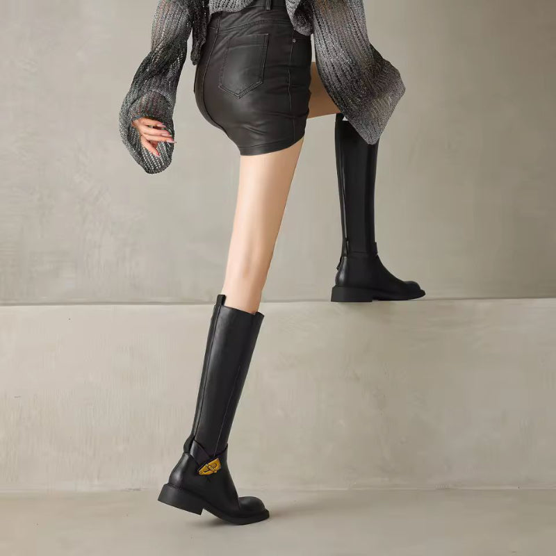 Selene Luxe women’s brown leather riding boots, knee high, round toe, 3.5 cm block heel, gold buckle, winter fashion 2025