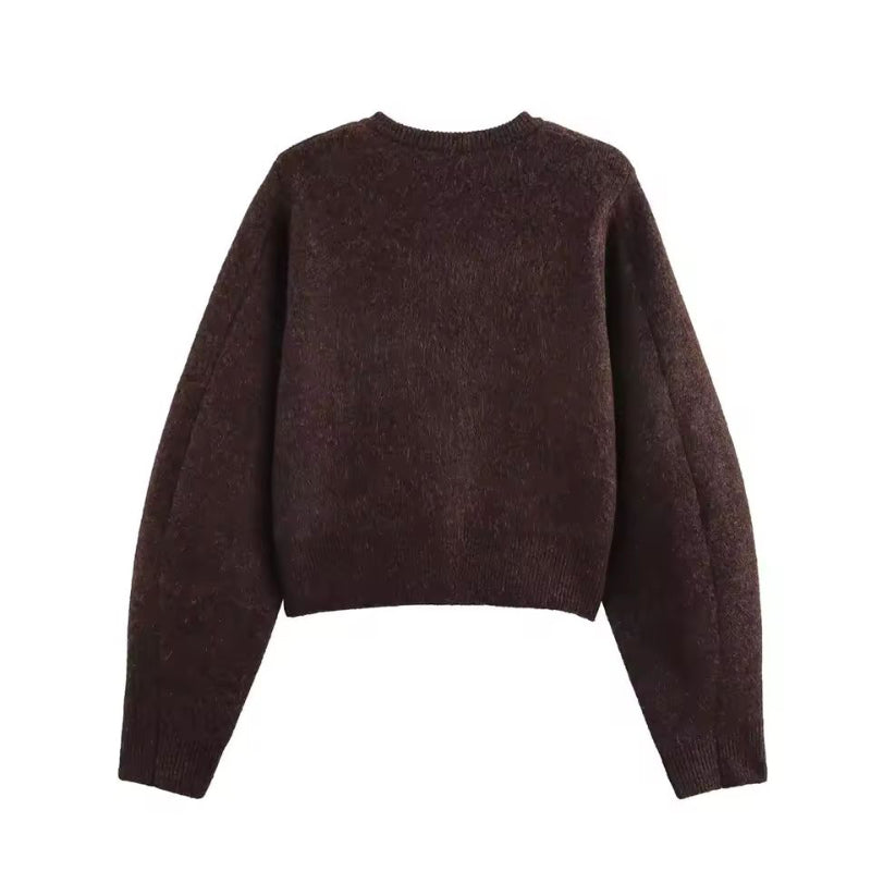 Women’s knitted co-ord 2025 – brown cardigan with gold buttons and above-the-knee skirt, made of 96% polyester, modern O-neckline