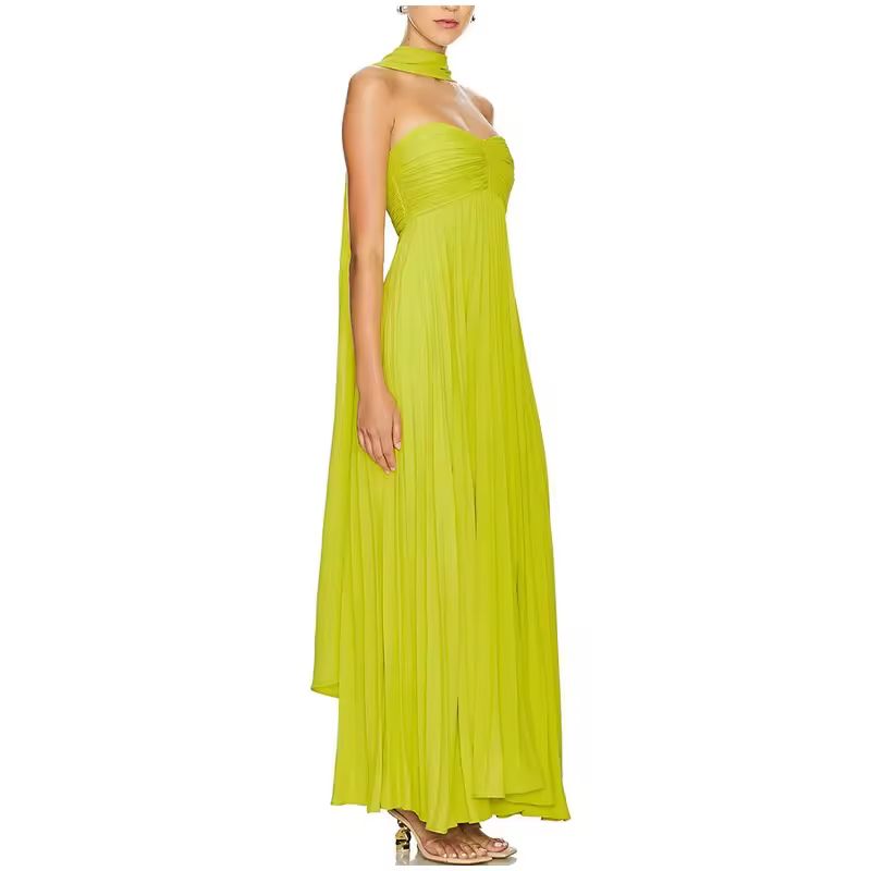 Elegant yellow strapless maxi dress for women – perfect for summer parties, beach weddings, and vacations
