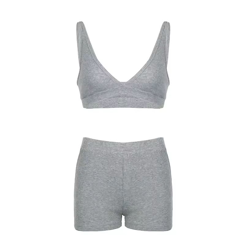 Zen Lounge Set – high-waist ribbed shorts in breathable cotton spandex, comfortable for lounging and workouts.