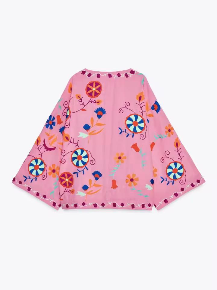 Embroidered floral boho kimono cardigan for women, loose fit summer jacket with V-neck tie-front, festival and vacation wear