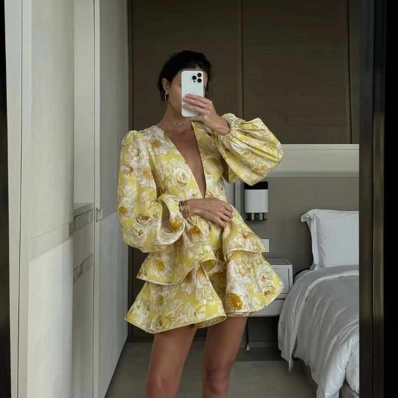 Elegant ruffled mini dress for women with deep V-neck, long sleeves, and A-line silhouette, perfect for spring/summer 2025. Flattering, feminine design, made of breathable polyester, ideal for casual, office, and formal occasions.