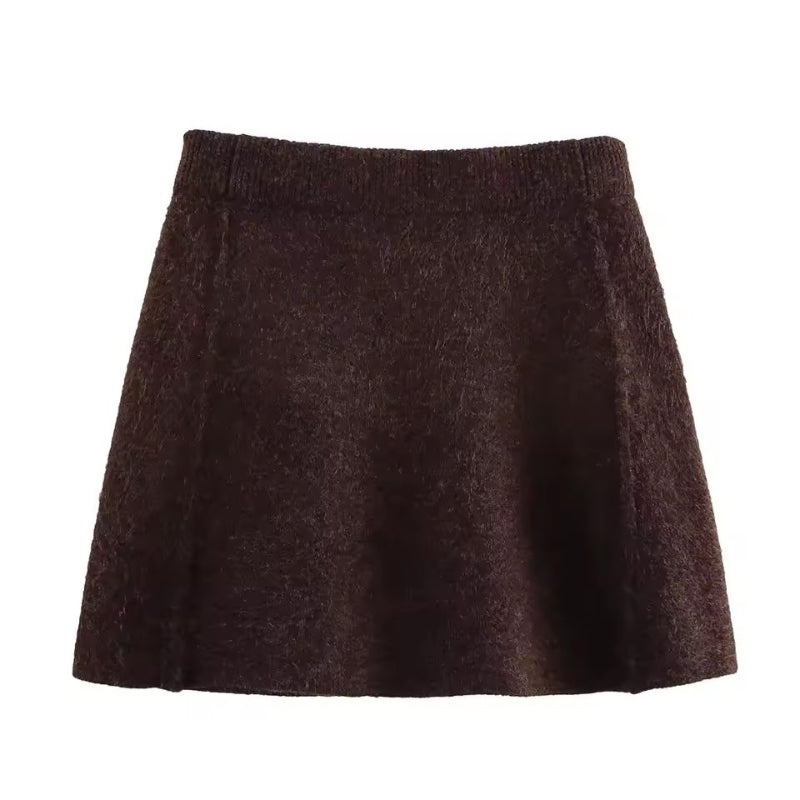 Women’s knitted co-ord 2025 – brown cardigan with gold buttons and above-the-knee skirt, made of 96% polyester, modern O-neckline