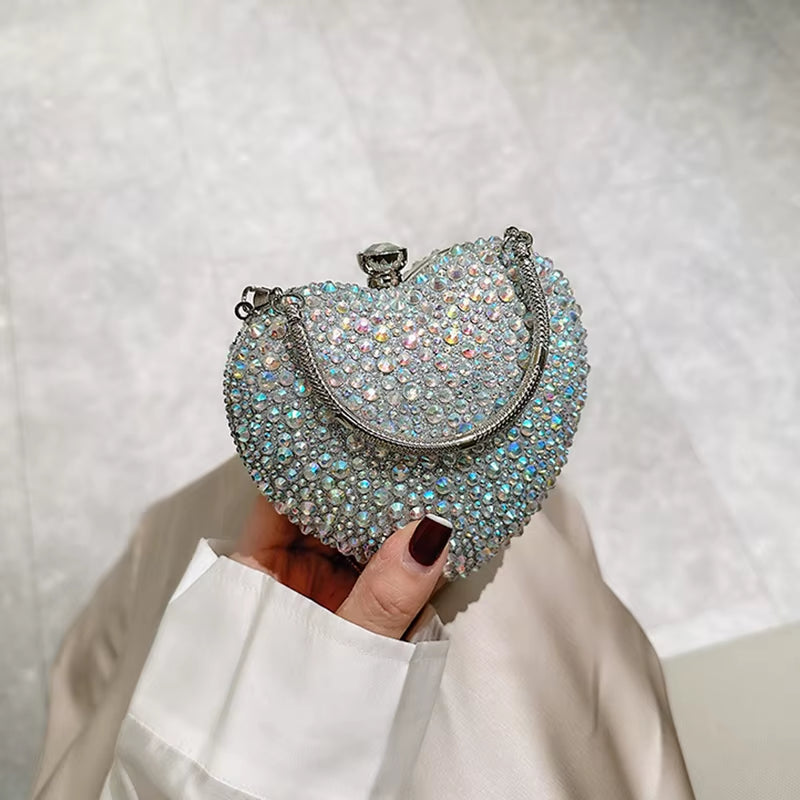 Luxury Diamond Inlay Heart Shape Crystal Clutch Purse Stones Evening Wedding Party Shoulder Bag Handle Rhinestone Mini Handbags