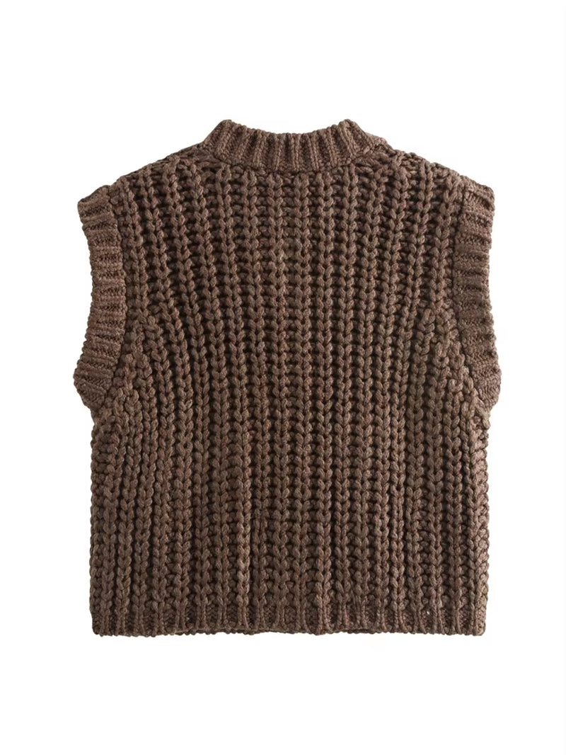 2024 Autumn New Women'S Casual Slimming Fashion Versatile Sleeveless round Neck Single Breasted Thick Needle Knitted Vest