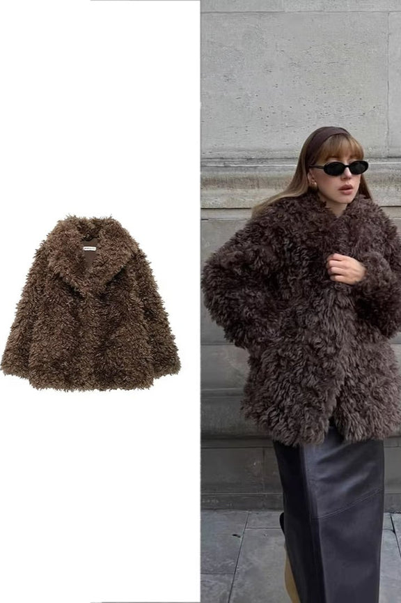 Women'S Fashion Brown Faux Fur Curly Coat Vintage Lapel Single Breasted Long Sleeve Coat Winter Warm High Street Wear Top