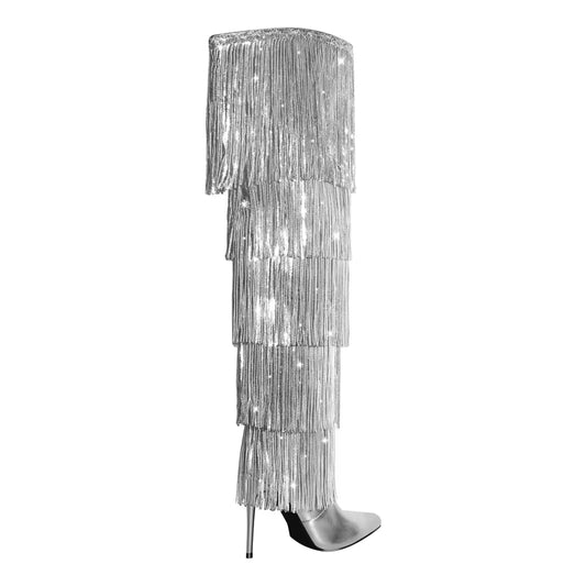 Women Sliver Pointed Toe Fringe Metallic Slim over the Knee Boots Stiletto Dance Sexy Thigh Boots