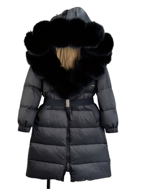 New Natural Thick Warm 90% White Duck down Coat Long Winter Jacket Women Real Big Fox Fur Collar Belt Loose Puffer Parka