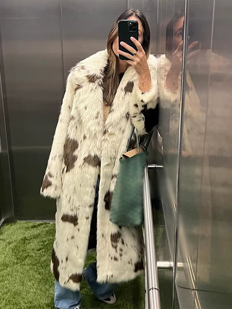 Spotted Leopard Faux Fur Coat Toka Suit Collar Women Fur Effect Long Coats Fashion Elegant Fluffy Overcoat Winter Plush Outwear