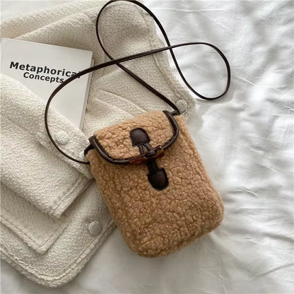 Lambswool Phone-Bag Women Faux Fur Bags Tender Sweet Lovely Cross Body Teenagers Female Portable Horn Button Plush Square Cozy