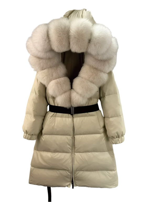 New Natural Thick Warm 90% White Duck down Coat Long Winter Jacket Women Real Big Fox Fur Collar Belt Loose Puffer Parka