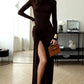 Turtleneck Thigh High Split Sexy Maxi Dress for Women Fashion Long Sleeve Draped Bandage Bodycon Club Long Dress