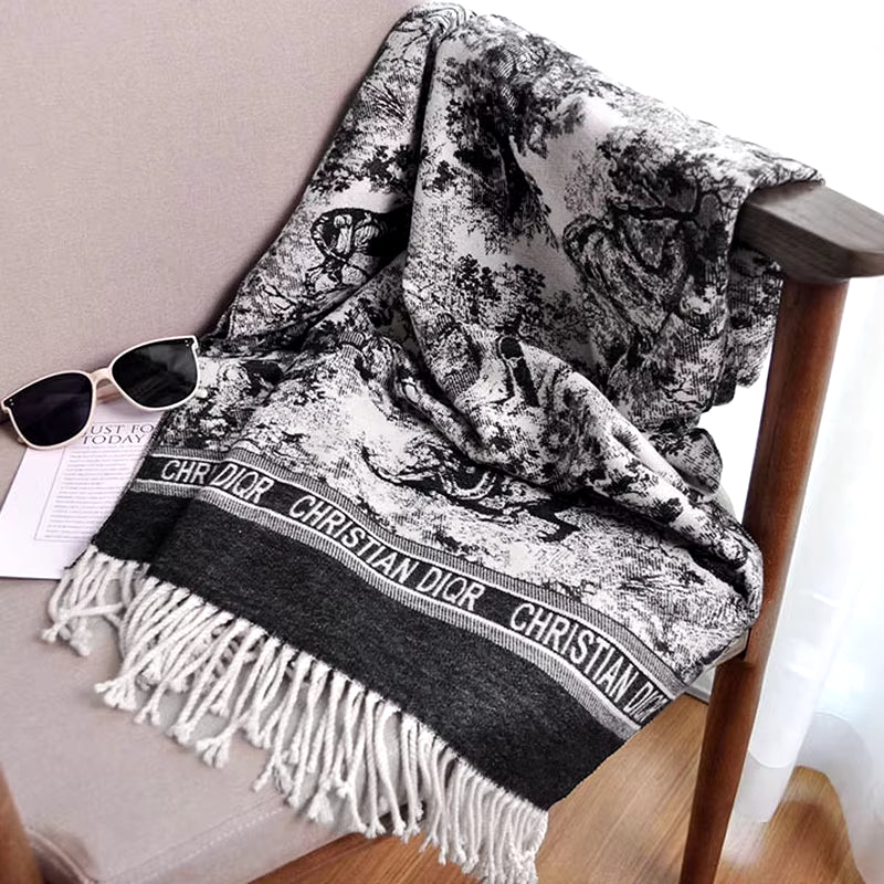 2024 Women'S New Scarf Ink Color Printing Black Border Shawl with White Tassels Winter Outdoor Warm Muslim Female Pashmina