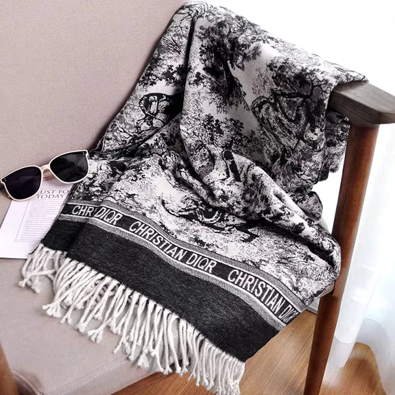 2024 Women'S New Scarf Ink Color Printing Black Border Shawl with White Tassels Winter Outdoor Warm Muslim Female Pashmina