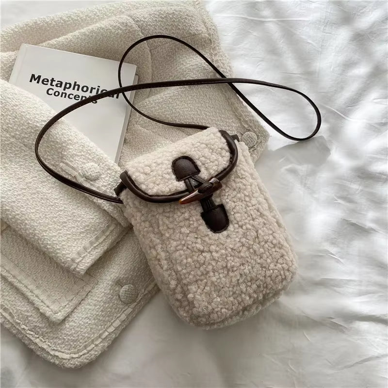 Lambswool Phone-Bag Women Faux Fur Bags Tender Sweet Lovely Cross Body Teenagers Female Portable Horn Button Plush Square Cozy