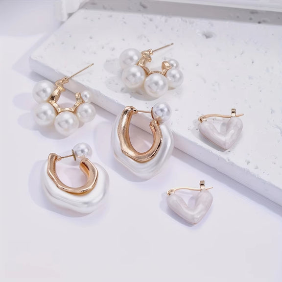 3 Pcs Delicate Imitation Pearl Heart Design Hoop Earrings Vintage Elegant Style Trendy Female Dating Earrings Set Jewelry Gifts