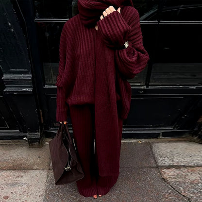 Street Women'S Burgundy Sweater Pant Set with Scarf Knit Ribbed V-Neck Pullover Wide Leg Trouser 2024 Autumn Lady Elegant Outfit