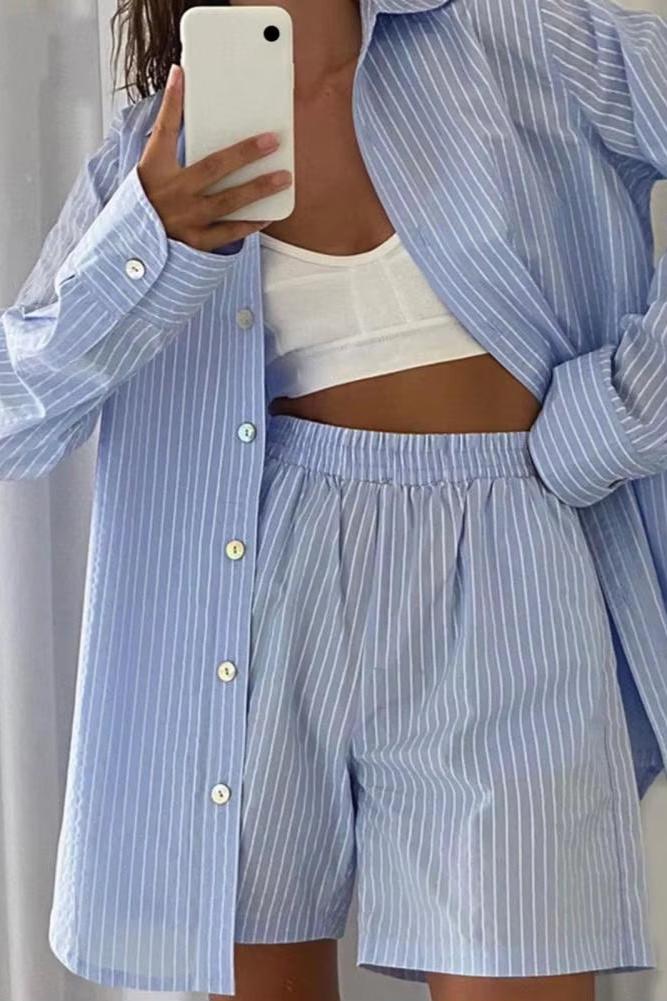 Two-Piece Shirt Shorts Set Women Loung Wear Tracksuit Women Shorts Set Stripe Long Sleeve Shirt Tops Loose High Mini Shorts Sets