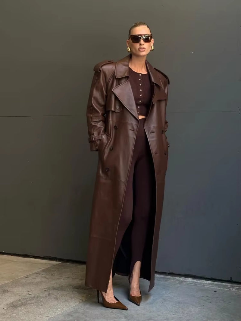 X-Long Fake Leather Trench Coats for Women, Slim Belt, Waist Back, High Cut Up, Long Sleeve, Chocolate, Faux Leather Jackets, RR