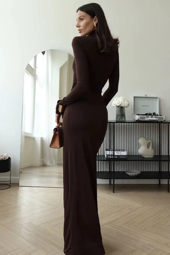 Turtleneck Thigh High Split Sexy Maxi Dress for Women Fashion Long Sleeve Draped Bandage Bodycon Club Long Dress