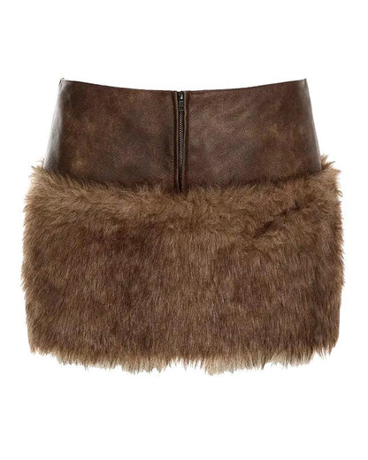 PU Leather Splicing Faux Fur Mini Skirts for Women 2024 Autumn Winter Fashion Zipper High Waist Slim Casual Streetwear Bottoms