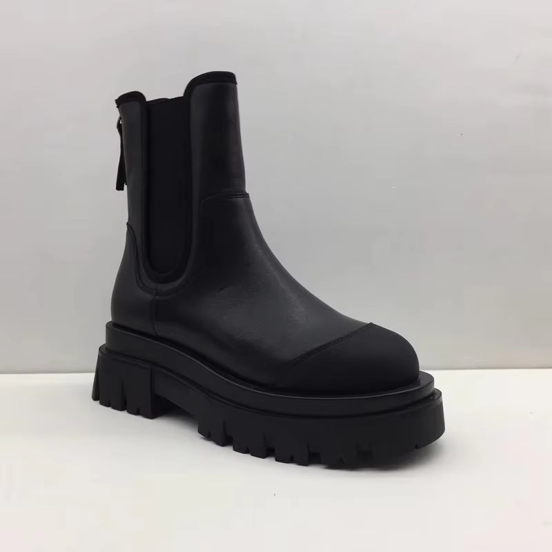 Women Spliced Genuine Leather Chelsea Boots Thick Platform Shoes round Toe Slip-On High Top Shoes New Female Casual Short Boots