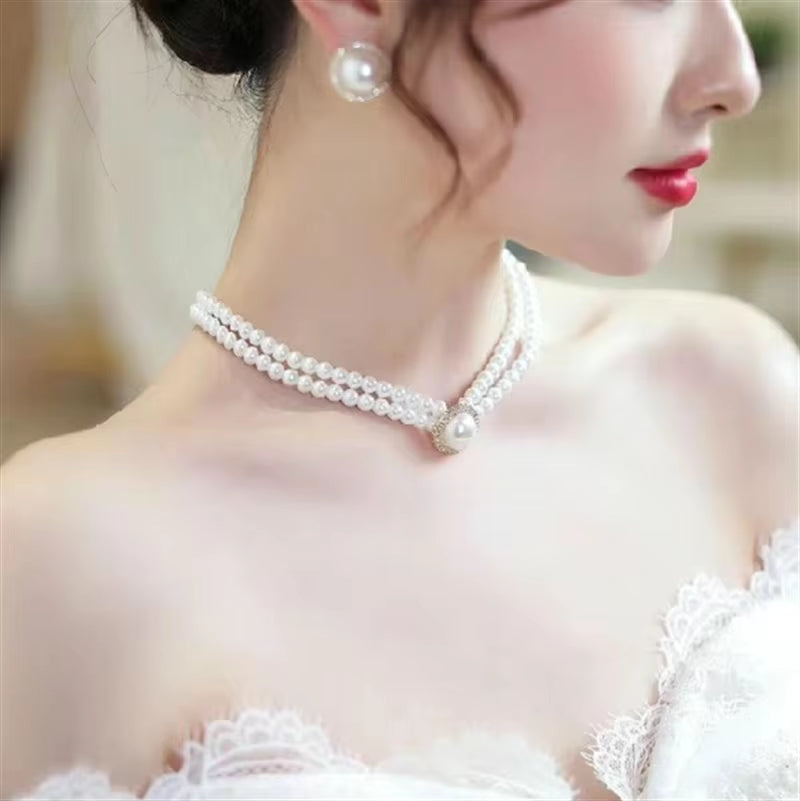 Elegant Big White Imitation Pearl Necklace Earring Ring Jewelry Set Crystal Jewelry Fashion Wedding Bridal Accessory Set Gifts