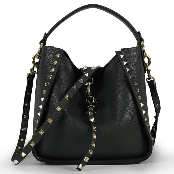 Trendy Cropped Studded Cow Leather Bucket Bag Crossbody Women'S Bag Lychee Pattern Single Shoulder Slant 2024 Model