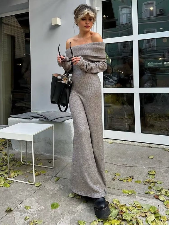 Off Shoulder Maxi Knitted Dress for Women Autumn Winter Fashion Elegant Chic Long Sleeve Black Dresses Street Slim Evening Robes