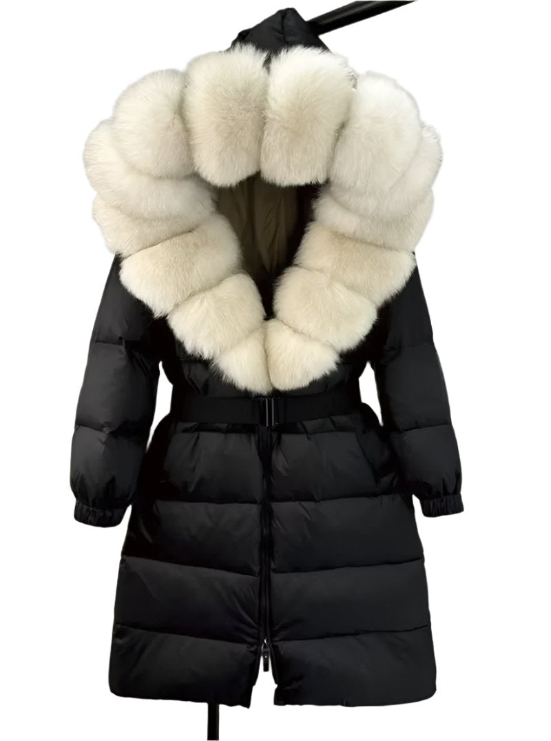 New Natural Thick Warm 90% White Duck down Coat Long Winter Jacket Women Real Big Fox Fur Collar Belt Loose Puffer Parka