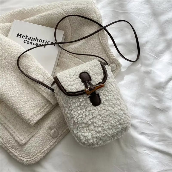 Lambswool Phone-Bag Women Faux Fur Bags Tender Sweet Lovely Cross Body Teenagers Female Portable Horn Button Plush Square Cozy