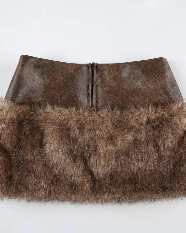 PU Leather Splicing Faux Fur Mini Skirts for Women 2024 Autumn Winter Fashion Zipper High Waist Slim Casual Streetwear Bottoms