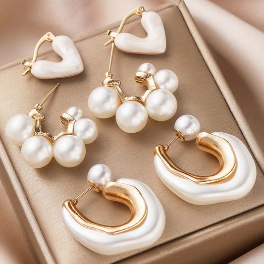 3 Pcs Delicate Imitation Pearl Heart Design Hoop Earrings Vintage Elegant Style Trendy Female Dating Earrings Set Jewelry Gifts