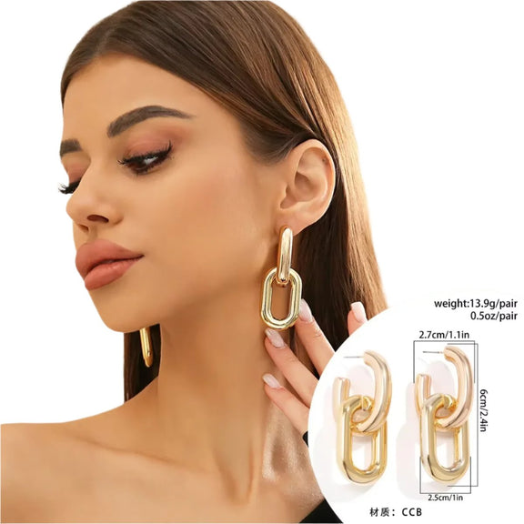 Retro Double Loop Design Drop Earrings Gold Color Geometric round Hoop Earrings for Women Girls Punk Hip Hop Fashion Jewelry