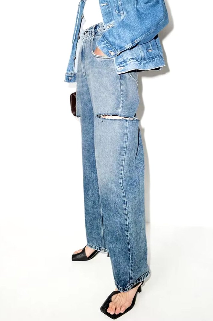 Fashion Women'S Loose High Waist Wide Leg Denim Pants Hollow Out Blue Long Straight Jeans Autumn 2024 New Fashion L2901H