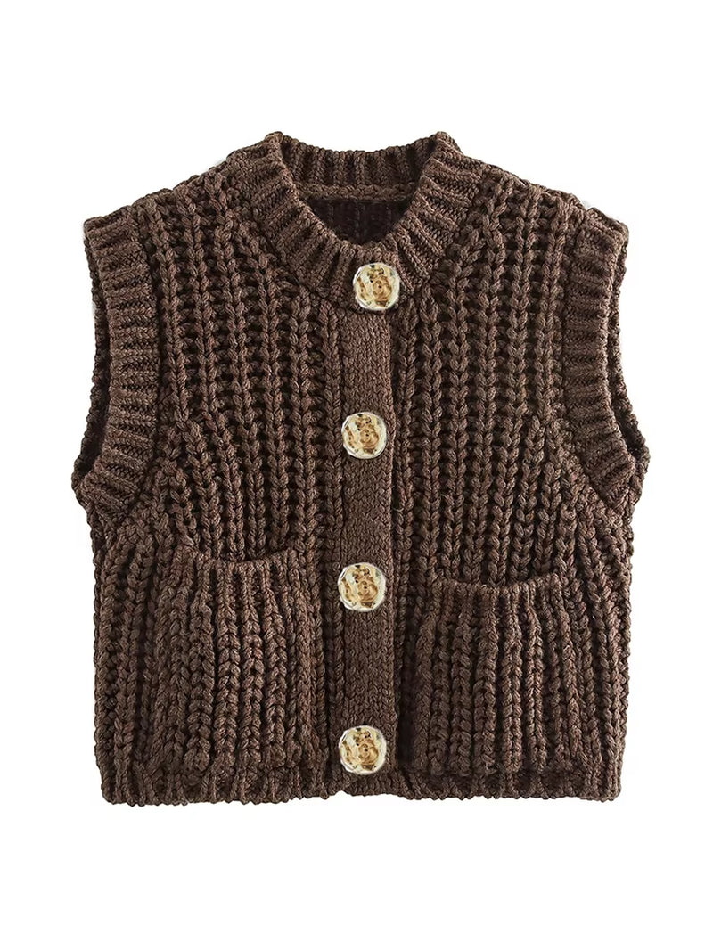 2024 Autumn New Women'S Casual Slimming Fashion Versatile Sleeveless round Neck Single Breasted Thick Needle Knitted Vest