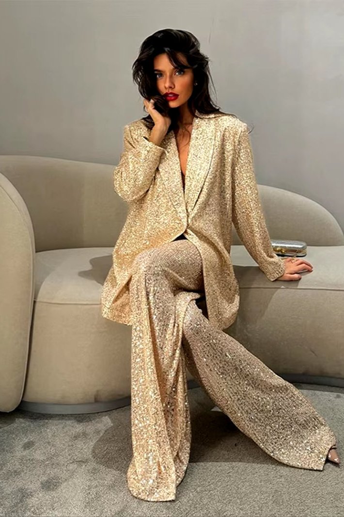 Fashion Sequines Jacket Pants Suits Women One Button Lapel Long Sleeve Coat Wide Leg Pant Suit 2024 Autumn Commuting Loose Sets