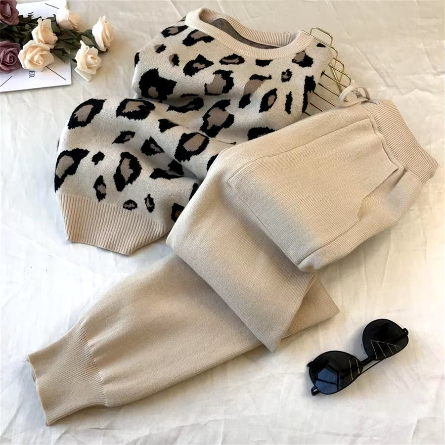 Leopard Knitted Pants 2 Piece Set Women Korean Fashion O-Neck Pullover Conjunto Casual Spring Fall Jogger Pantalones Outfits