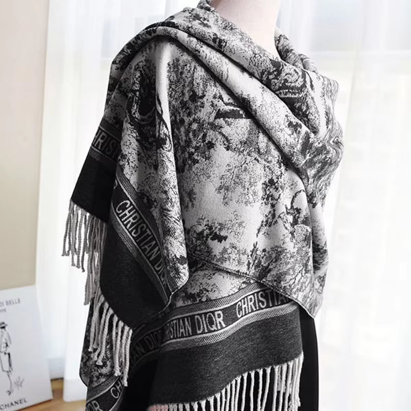 2024 Women'S New Scarf Ink Color Printing Black Border Shawl with White Tassels Winter Outdoor Warm Muslim Female Pashmina