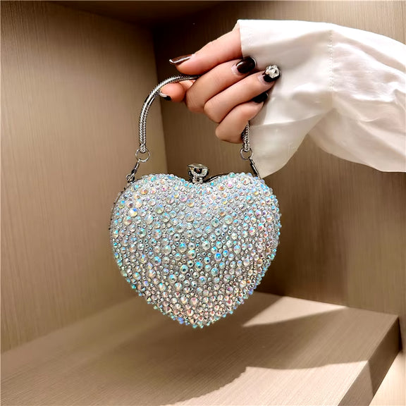 Luxury Diamond Inlay Heart Shape Crystal Clutch Purse Stones Evening Wedding Party Shoulder Bag Handle Rhinestone Mini Handbags