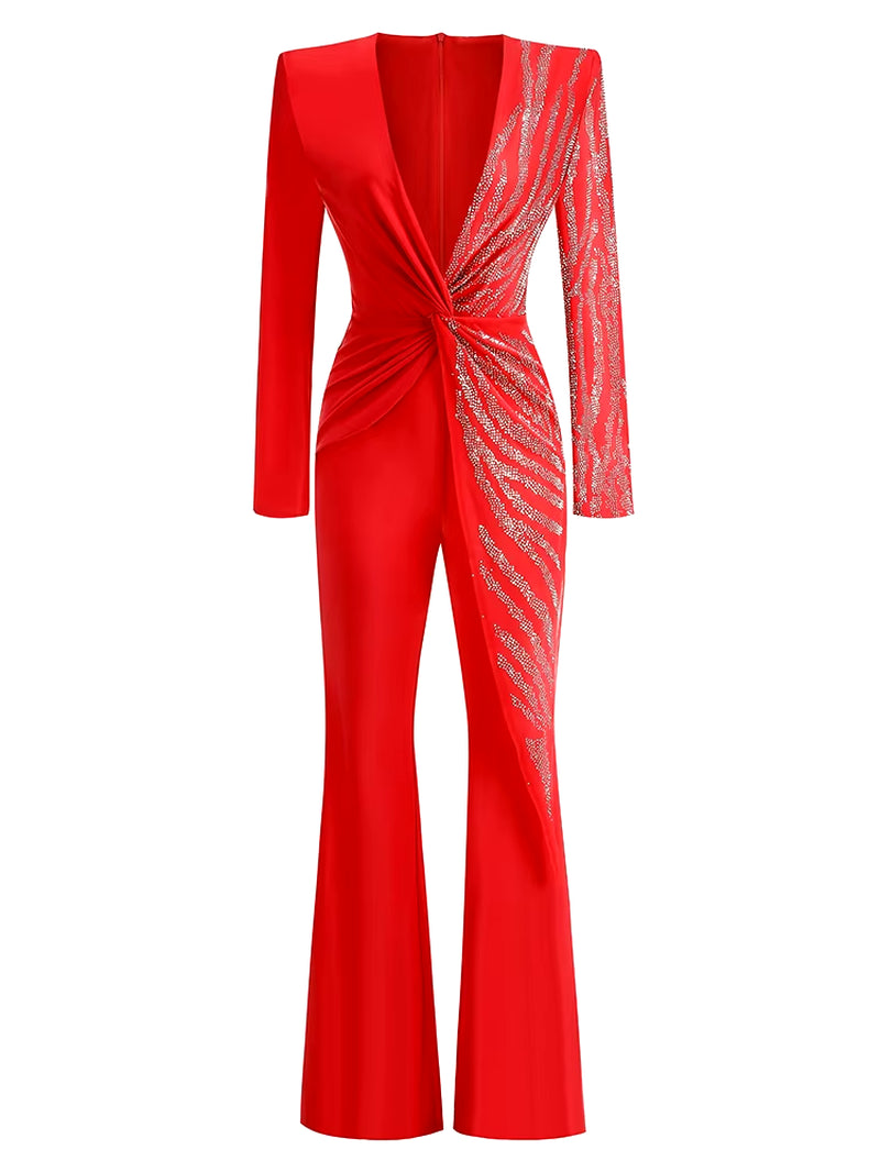 Sexy Deep V Neck Sparkly Diamonds Design Jumpsuit Women Long Sleeve Draped Wide Leg Jumpsuit Elegant Evening Club Costume Runway