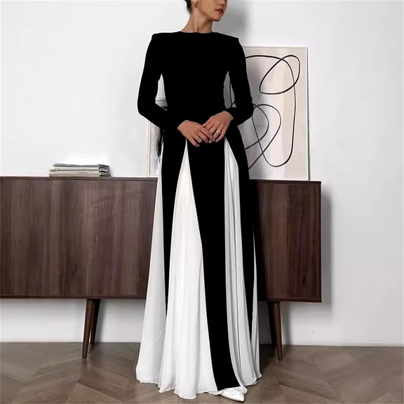 Elegant Black White Patchwork Maxi Dresses Women Fashion O-Neck Long Sleeve High Waist Slim Dress New Female Evening Party Robes