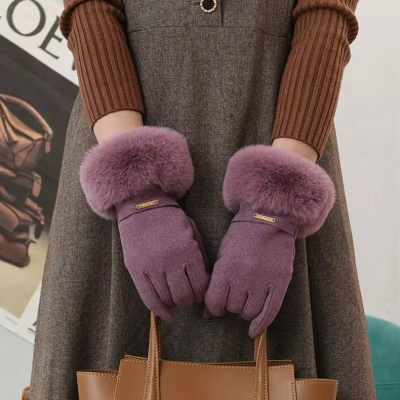 2024 Winter Elegant Women'S Gloves Touch Screen Velvet Thickened Gloves Rabbit Fur Women'S Warm Mittens Glove Gifts