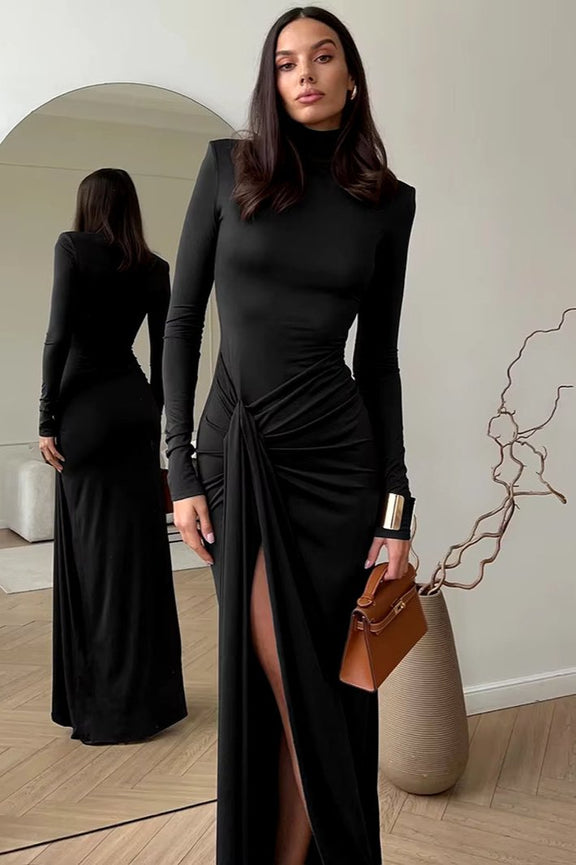 Turtleneck Thigh High Split Sexy Maxi Dress for Women Fashion Long Sleeve Draped Bandage Bodycon Club Long Dress