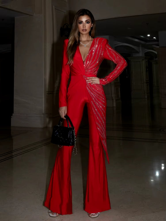 Sexy Deep V Neck Sparkly Diamonds Design Jumpsuit Women Long Sleeve Draped Wide Leg Jumpsuit Elegant Evening Club Costume Runway