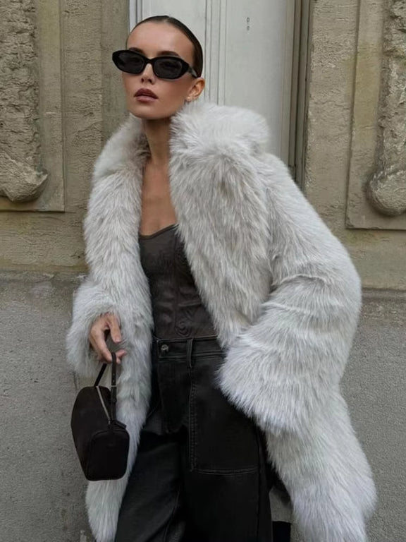 Fashion Solid Thicken Fur Coat for Women Elegant Turn down Collar Female Warm Coat 2023 Winter Long Sleeves Ladies Faux Fur Coat