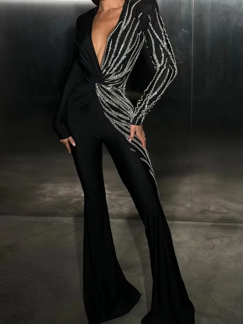 Sexy Deep V Neck Sparkly Diamonds Design Jumpsuit Women Long Sleeve Draped Wide Leg Jumpsuit Elegant Evening Club Costume Runway